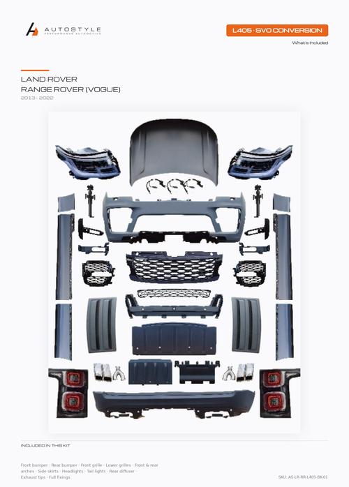 Range Rover Vogue L405 SVO facelift conversion kit components by Autostyle
